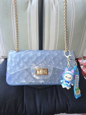 ☀️NWT Clear Opaque Blue Quilted Jelly Crossbody Bag with Heavy Gold Chain Strap